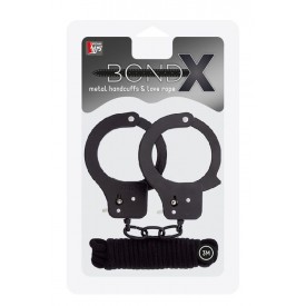 Чёрные наручники из листового металла в комплекте с веревкой BONDX METAL CUFFS&LOVE ROPE SET